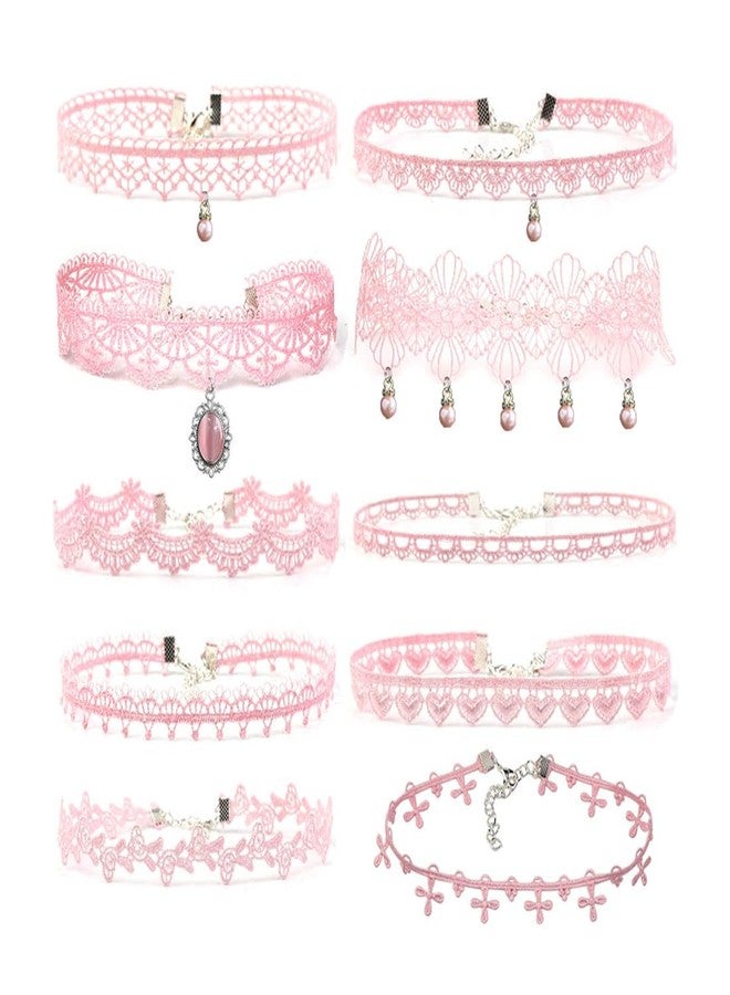 Ximerinf Pink Lace Choker Necklace Set, 10 Pieces (Pink) - Image 1